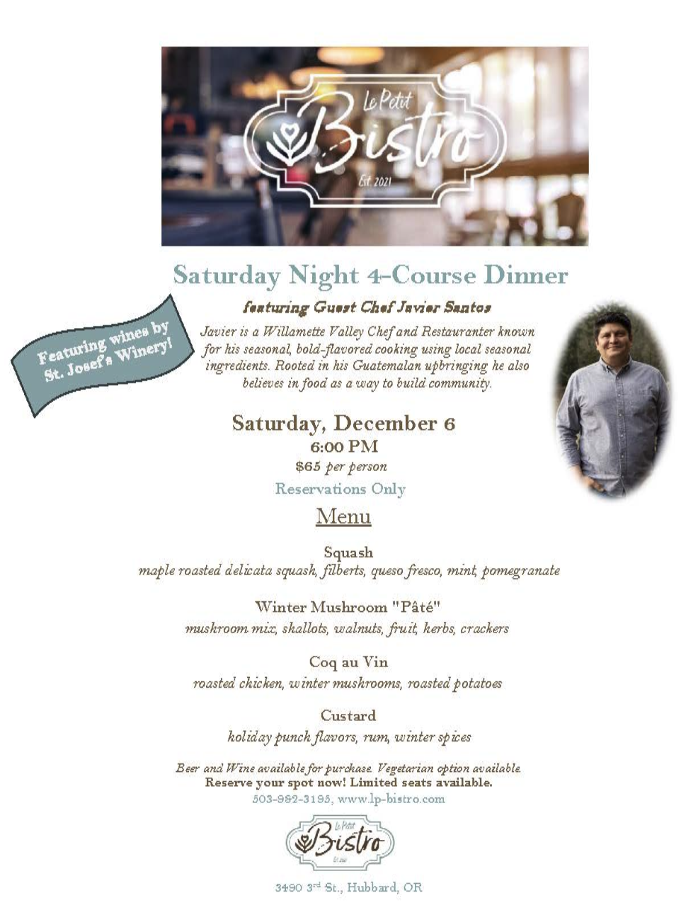 Saturday Night Dinner Menu December 6, 2025