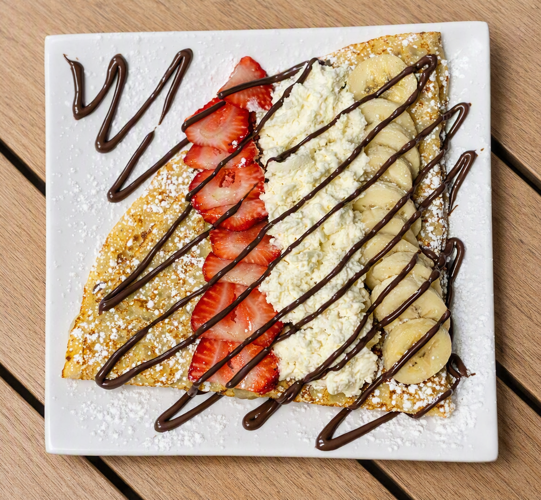 Special strawberry_banana_nutella crepe at Le Petit Bistro, Hubbard Oregon
